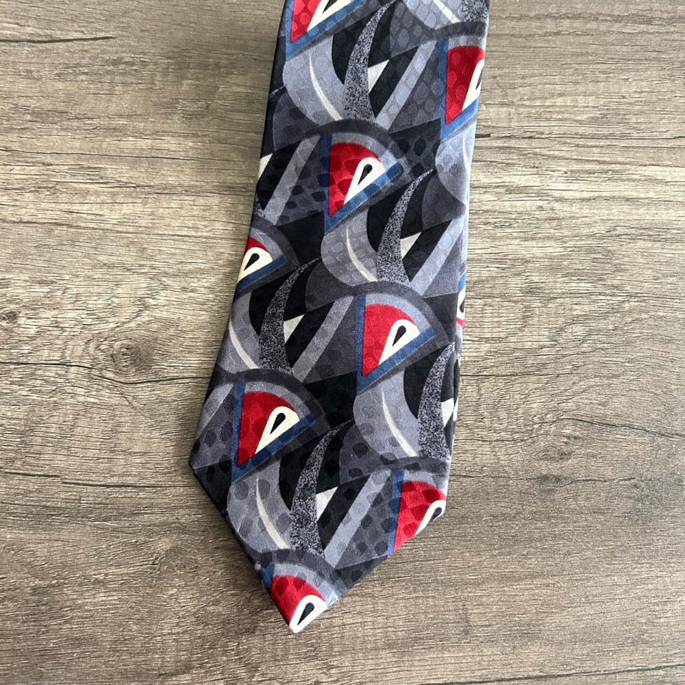 VTG Men Abstract‎ Geometric Necktie Gray Red Blue Retro Statement Tie Office